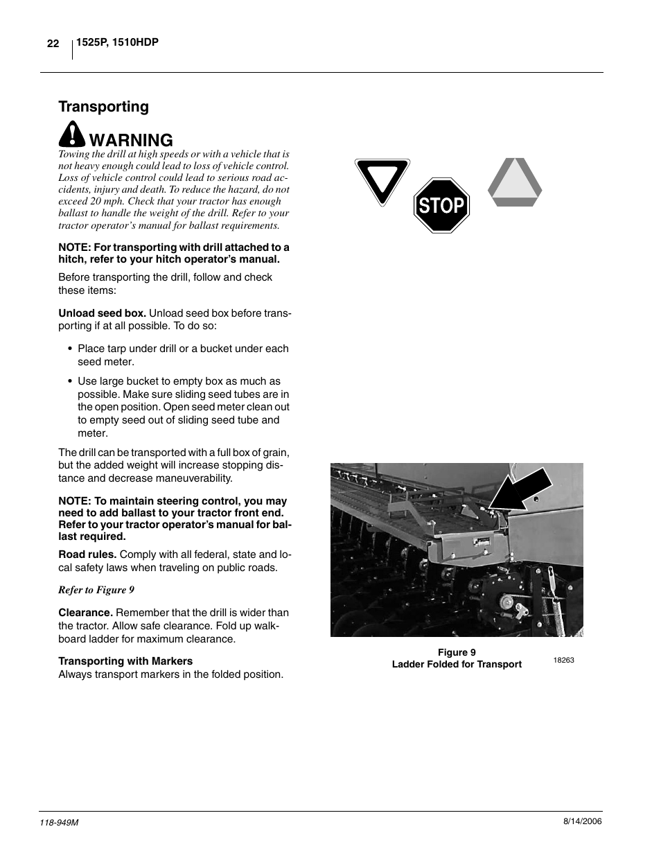 Transporting, Transporting with markers, Warning | Great Plains 1525P Operator Manual User Manual | Page 24 / 147