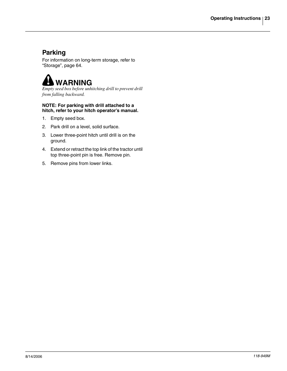 Parking, Warning | Great Plains 1525P Operator Manual User Manual | Page 25 / 147