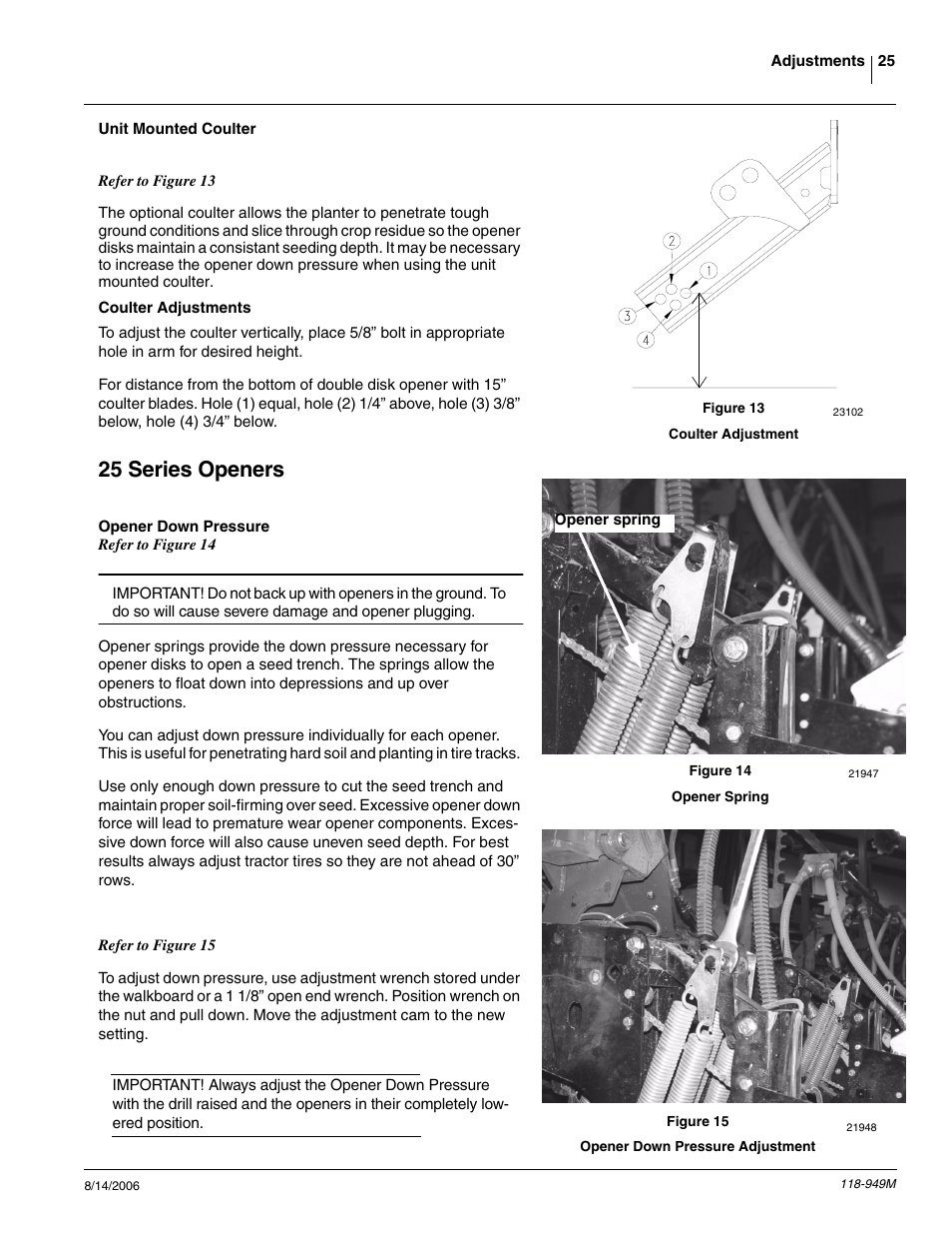 Unit mounted coulter, 25 series openers, Opener down pressure | Great Plains 1525P Operator Manual User Manual | Page 27 / 147