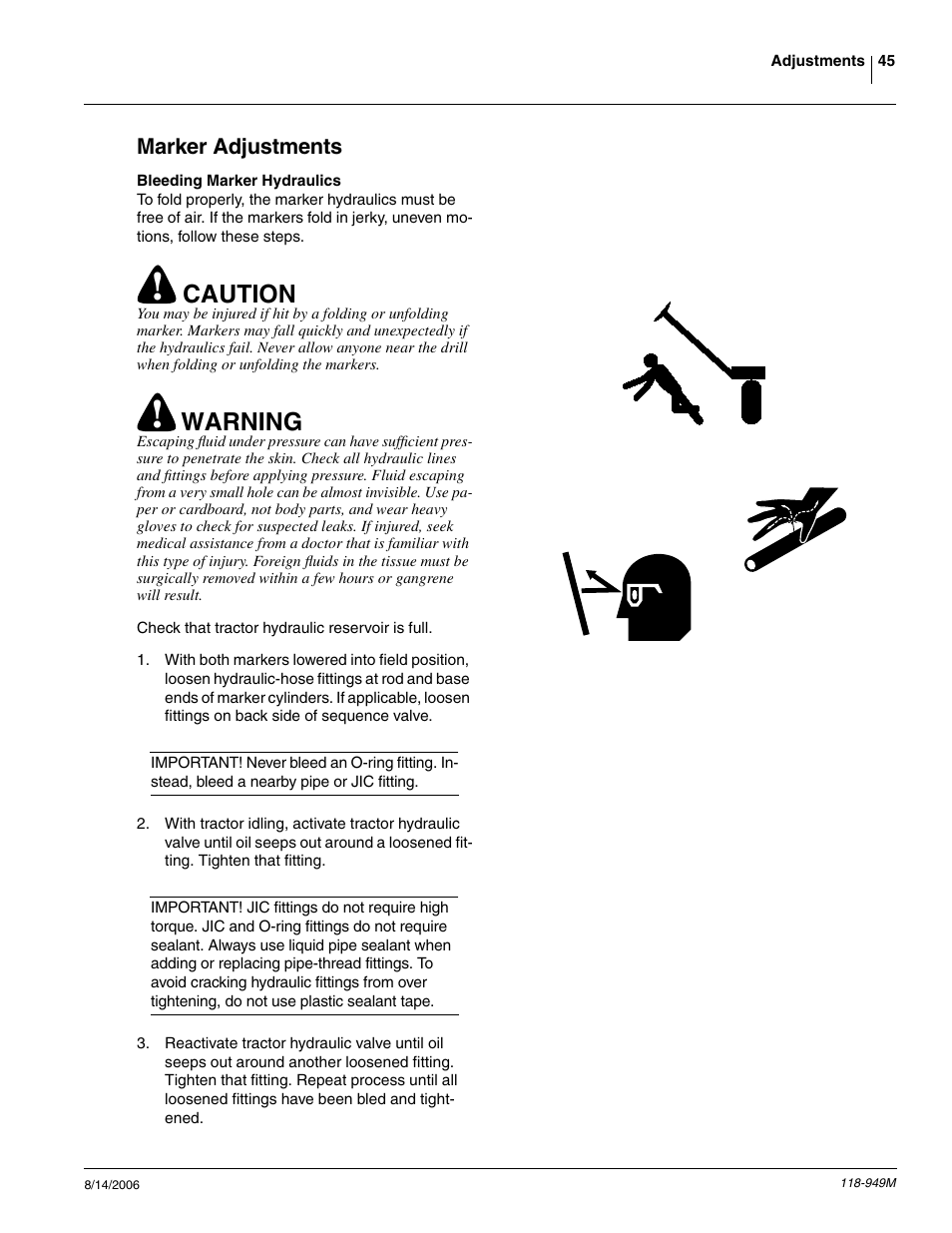 Marker adjustments, Bleeding marker hydraulics, Caution | Warning | Great Plains 1525P Operator Manual User Manual | Page 47 / 147