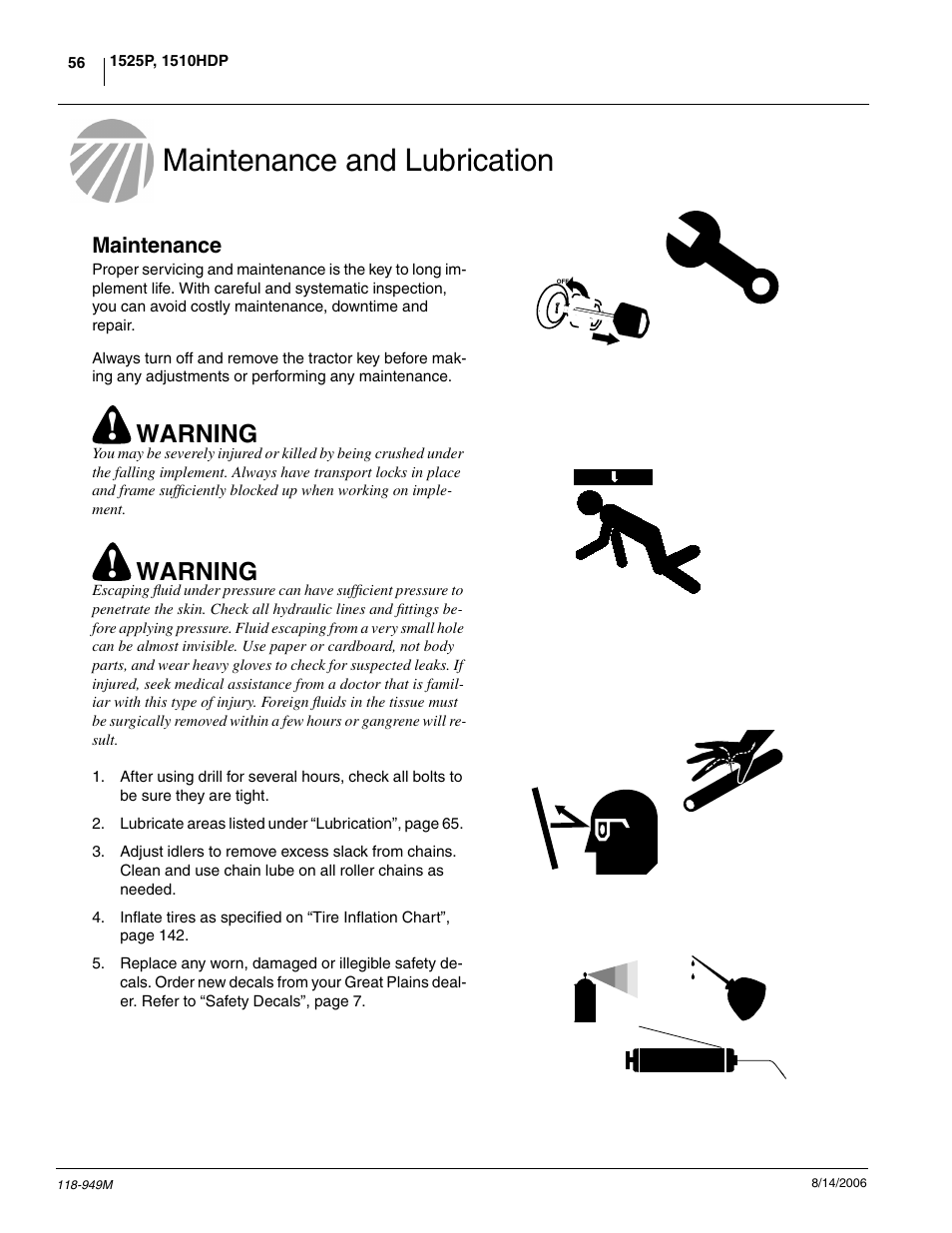 Maintenance and lubrication, Maintenance, Warning | Great Plains 1525P Operator Manual User Manual | Page 58 / 147