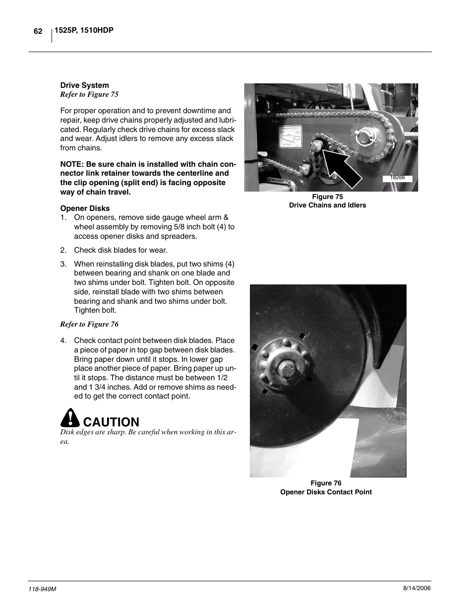 Drive system opener disks, Caution | Great Plains 1525P Operator Manual User Manual | Page 64 / 147