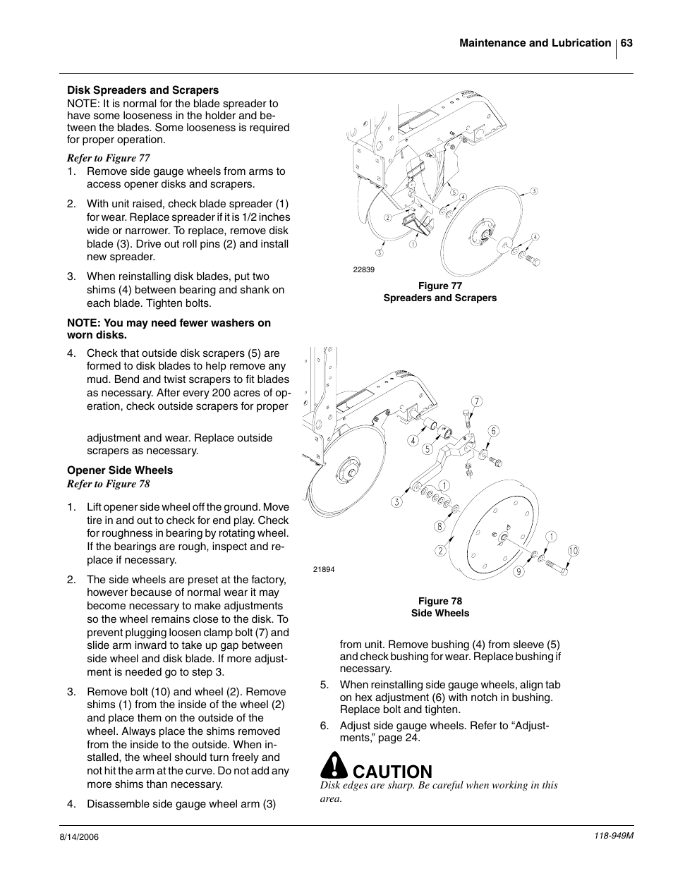 Disk spreaders and scrapers opener side wheels, Caution | Great Plains 1525P Operator Manual User Manual | Page 65 / 147