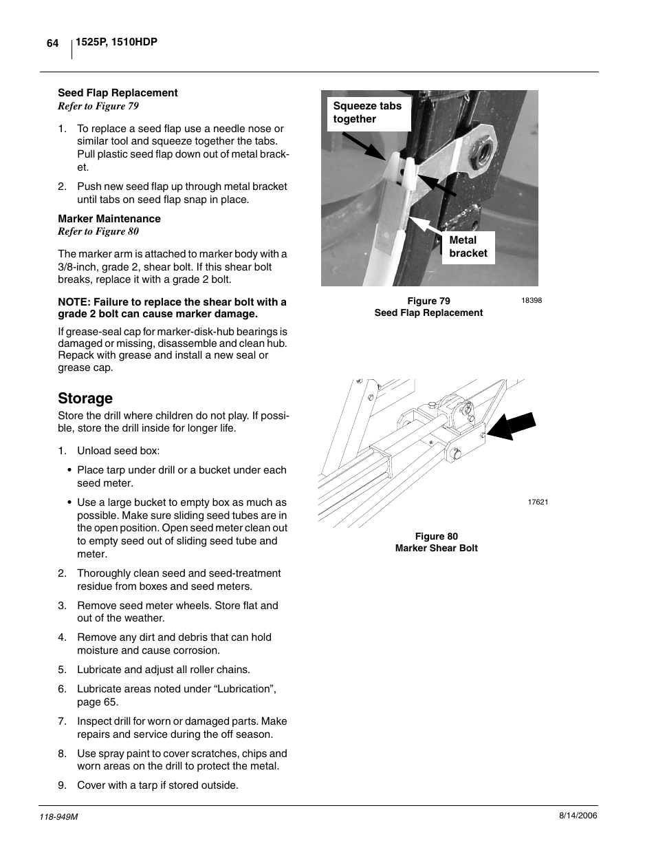 Seed flap replacement marker maintenance, Storage | Great Plains 1525P Operator Manual User Manual | Page 66 / 147