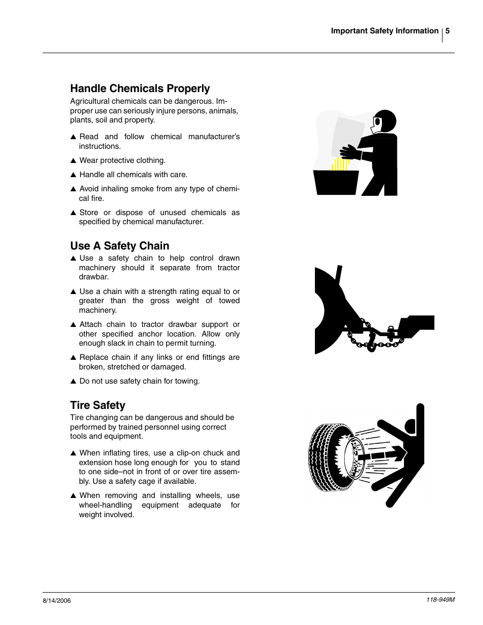 Handle chemicals properly, Use a safety chain, Tire safety | Great Plains 1525P Operator Manual User Manual | Page 7 / 147