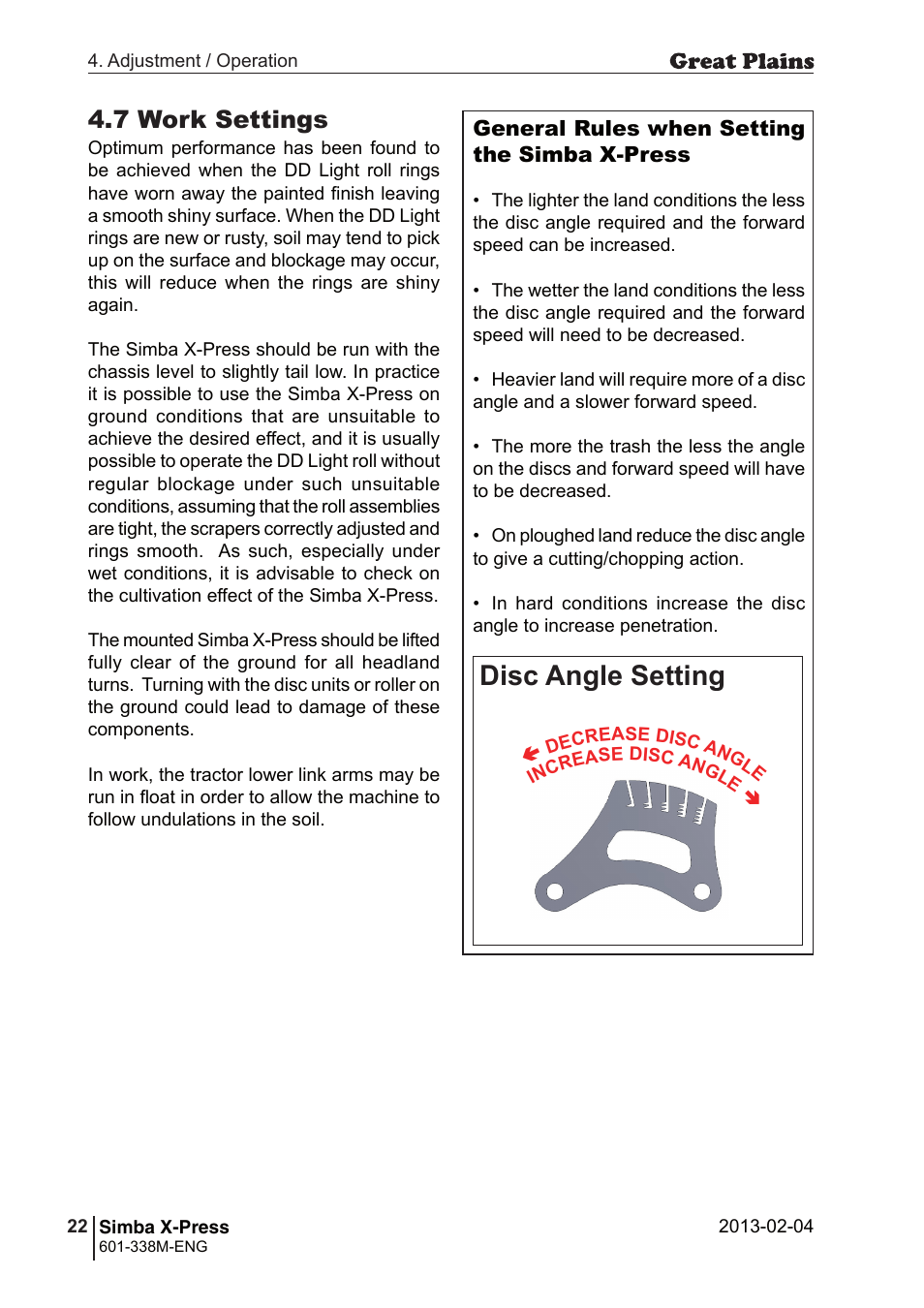 Disc angle setting, 7 work settings | Great Plains Simba X-Press Operator Manual User Manual | Page 22 / 34
