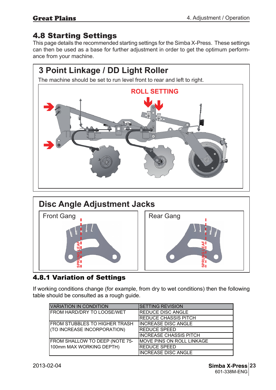 Вв в, Disc angle adjustment jacks, 3 point linkage / dd light roller | 8 starting settings | Great Plains Simba X-Press Operator Manual User Manual | Page 23 / 34