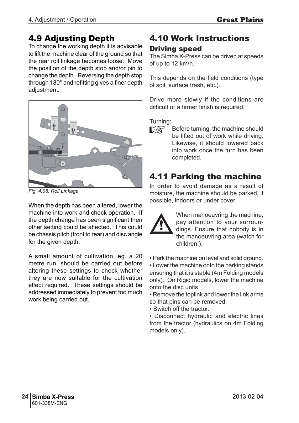9 adjusting depth, 10 work instructions, 11 parking the machine | Great Plains Simba X-Press Operator Manual User Manual | Page 24 / 34