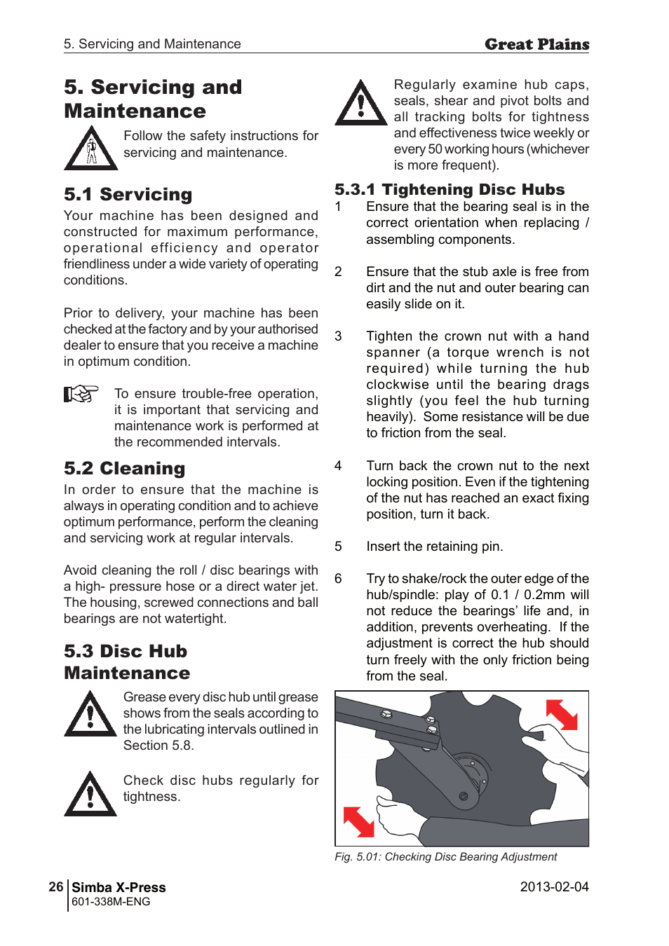 Servicing and maintenance, 1 servicing, 2 cleaning | 3 disc hub maintenance | Great Plains Simba X-Press Operator Manual User Manual | Page 26 / 34
