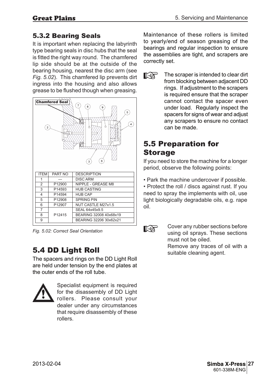 4 dd light roll, 5 preparation for storage, 2 bearing seals | Great Plains Simba X-Press Operator Manual User Manual | Page 27 / 34