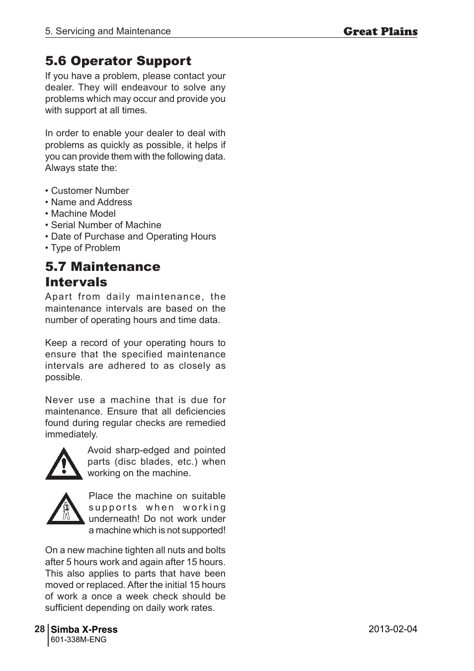 6 operator support, 7 maintenance intervals | Great Plains Simba X-Press Operator Manual User Manual | Page 28 / 34