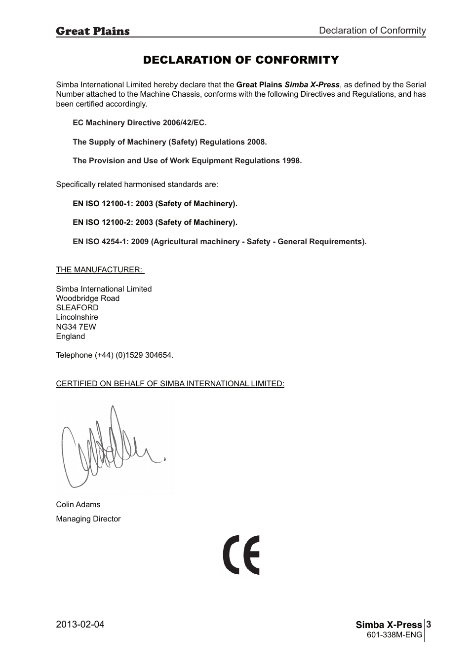 Declaration of conformity | Great Plains Simba X-Press Operator Manual User Manual | Page 3 / 34