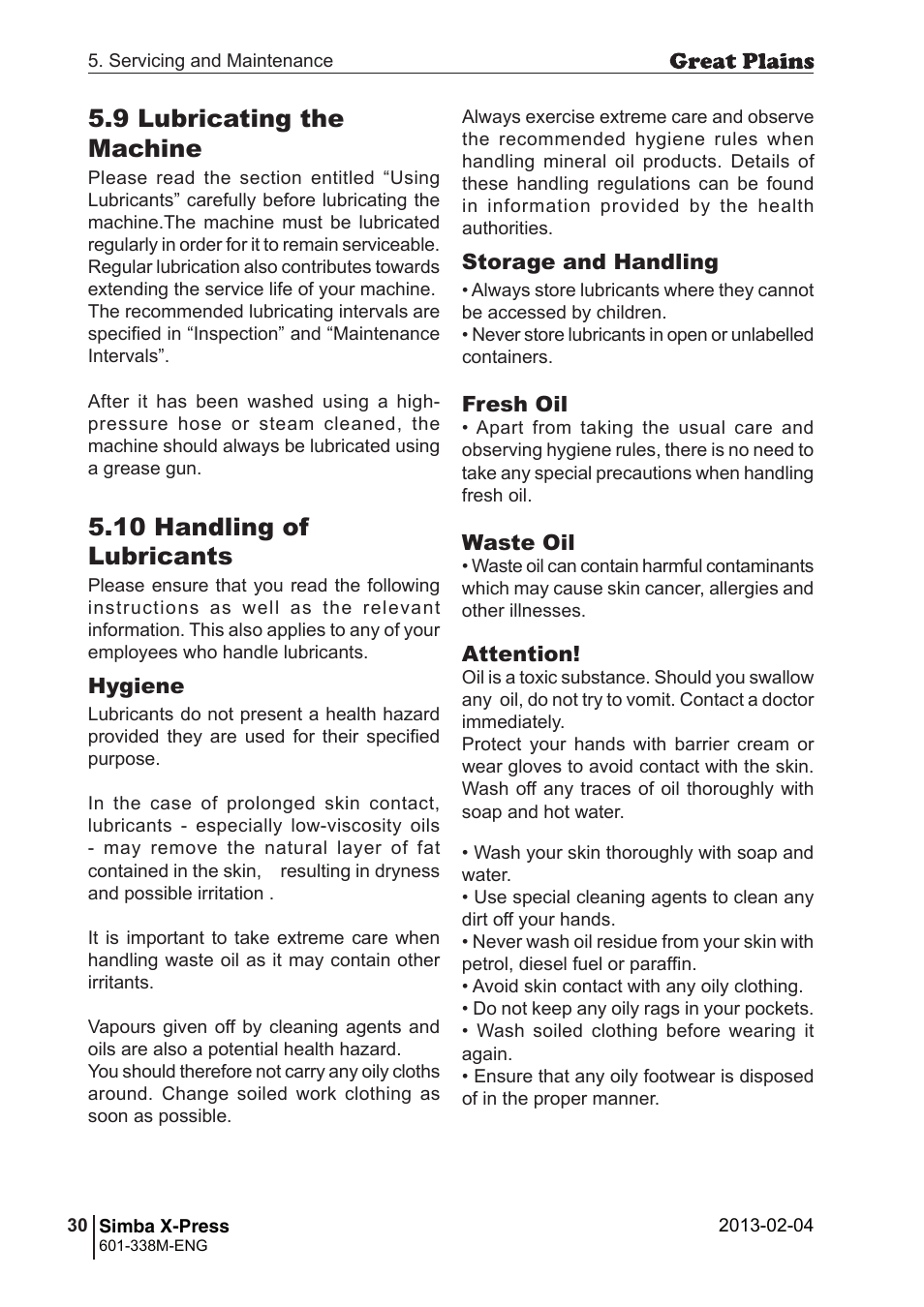 9 lubricating the machine, 10 handling of lubricants | Great Plains Simba X-Press Operator Manual User Manual | Page 30 / 34