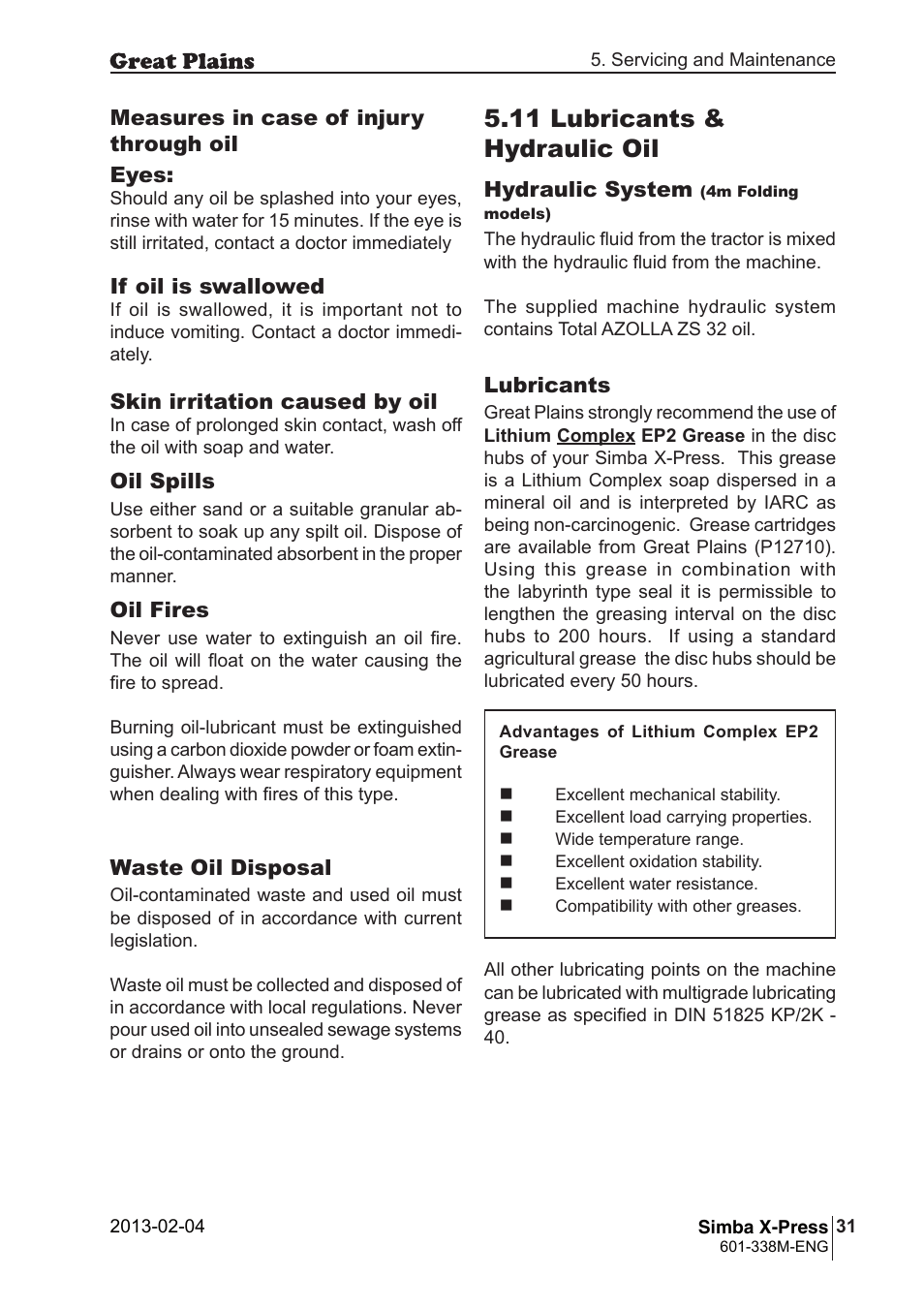 11 lubricants & hydraulic oil | Great Plains Simba X-Press Operator Manual User Manual | Page 31 / 34