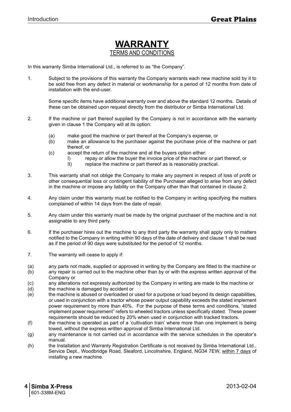 Warranty, Terms and conditions | Great Plains Simba X-Press Operator Manual User Manual | Page 4 / 34