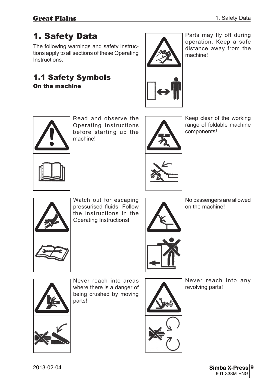 Safety data, 1 safety symbols | Great Plains Simba X-Press Operator Manual User Manual | Page 9 / 34