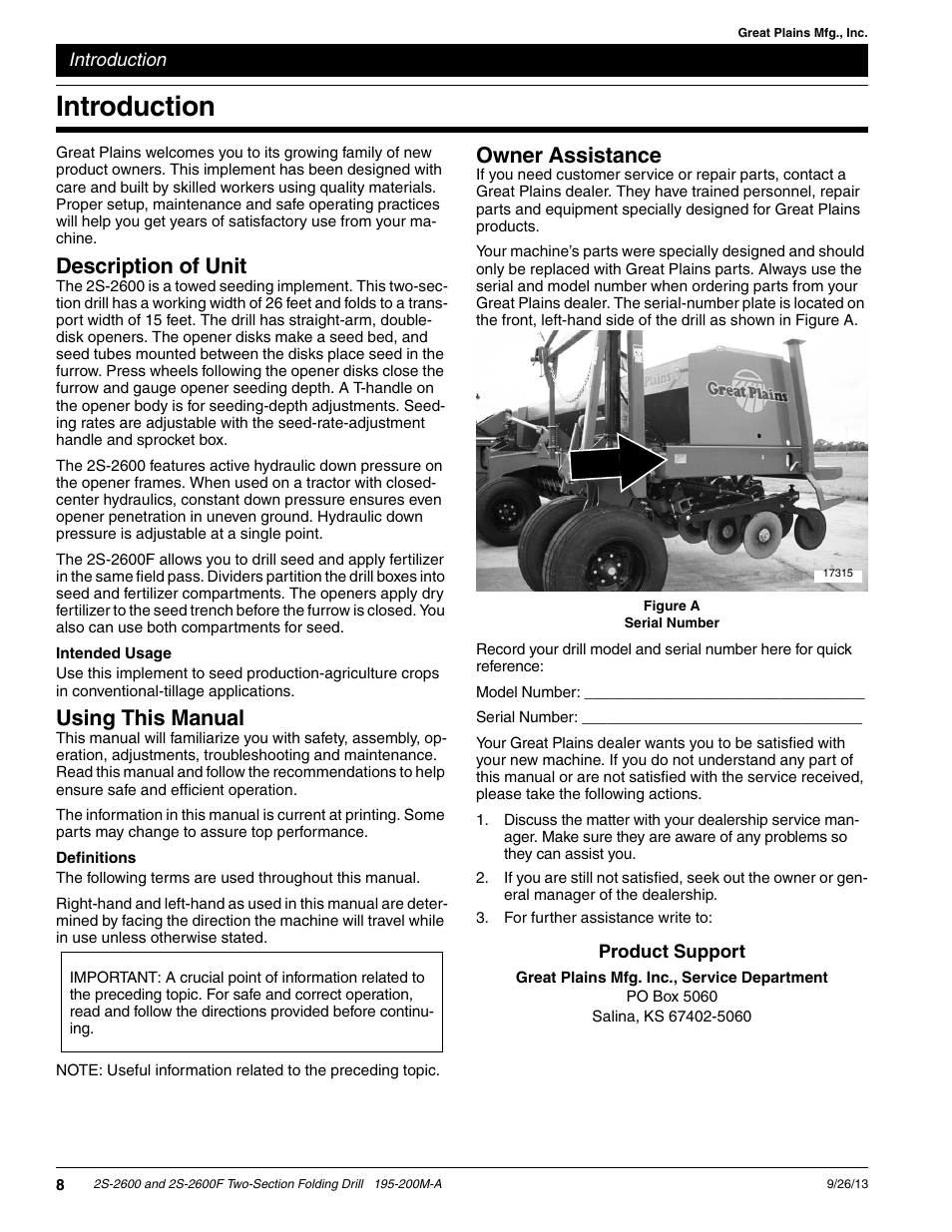 Introduction, Description of unit, Intended usage | Using this manual, Definitions, Owner assistance | Great Plains 2S-2600F Operator Manual v2 User Manual | Page 10 / 68