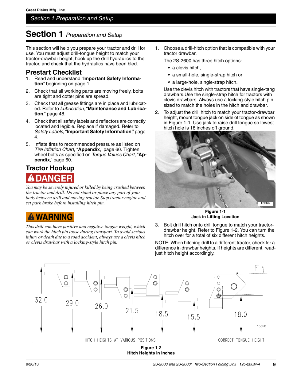 Section 1 preparation and setup, Prestart checklist, Tractor hookup | Great Plains 2S-2600F Operator Manual v2 User Manual | Page 11 / 68