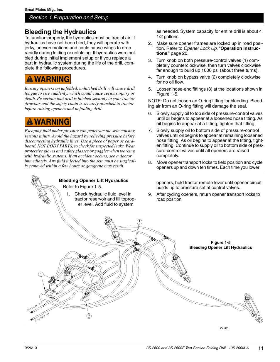 Bleeding the hydraulics, Bleeding opener lift hydraulics | Great Plains 2S-2600F Operator Manual v2 User Manual | Page 13 / 68
