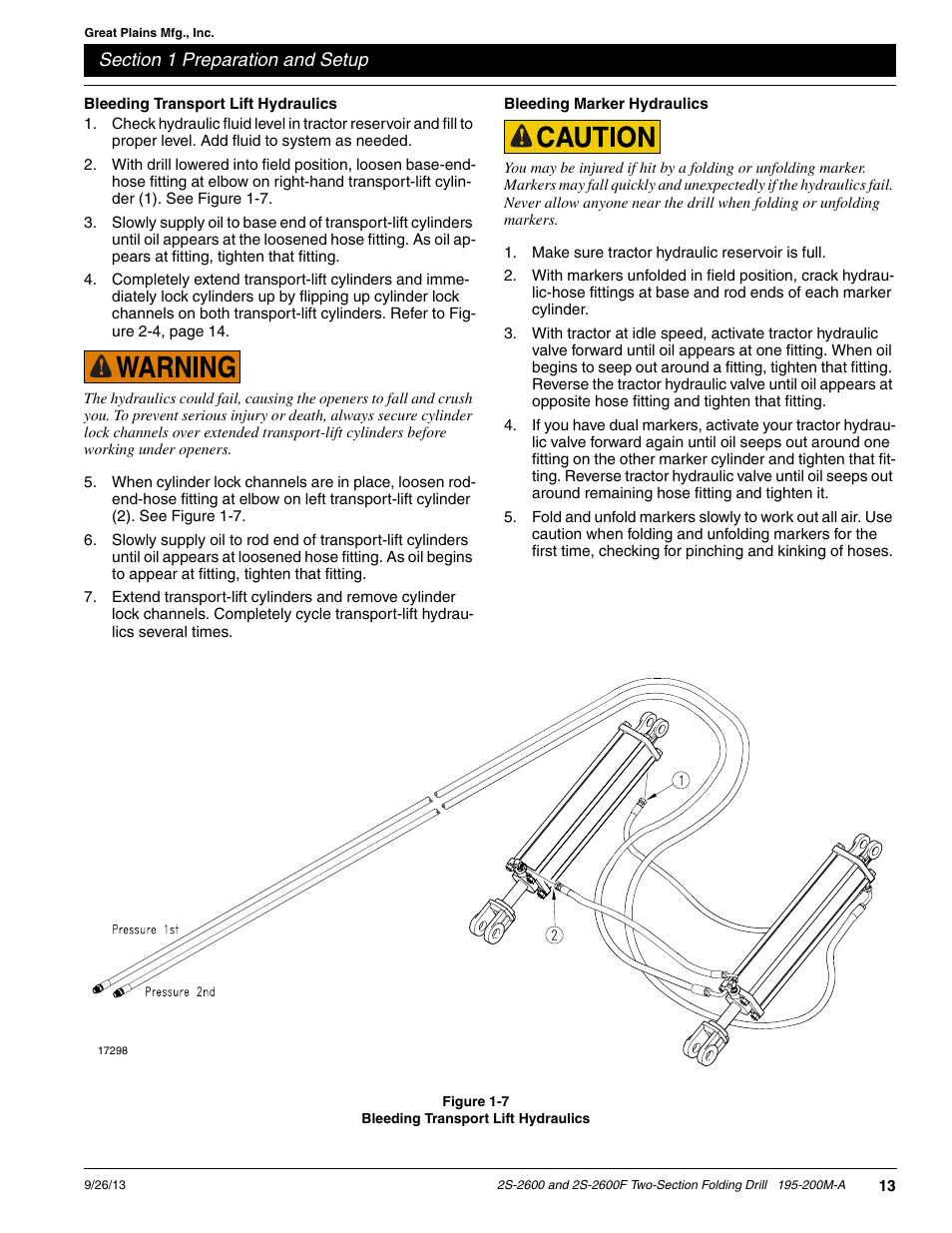 Bleeding transport lift hydraulics, Bleeding marker hydraulics | Great Plains 2S-2600F Operator Manual v2 User Manual | Page 15 / 68