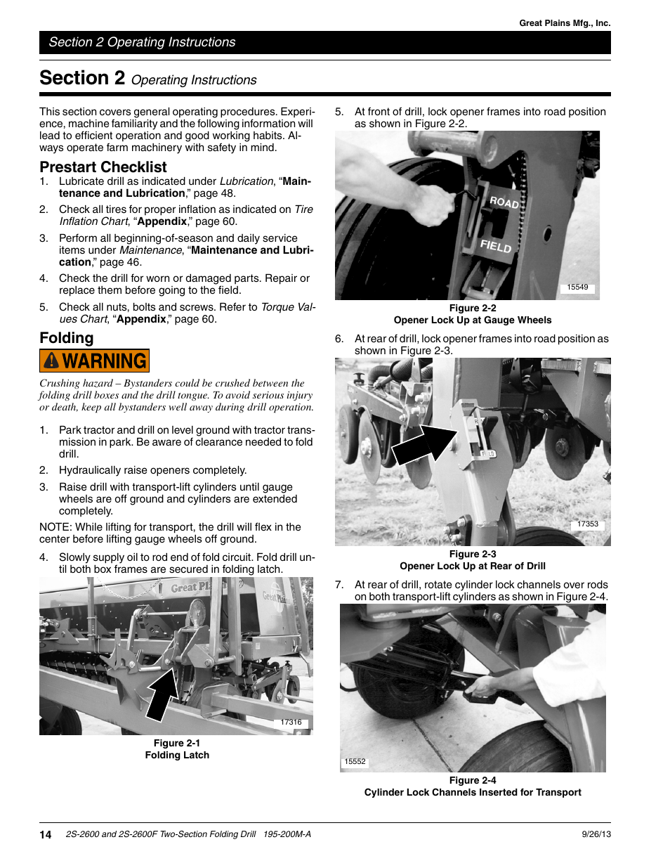 Section 2 operating instructions, Prestart checklist, Folding | Great Plains 2S-2600F Operator Manual v2 User Manual | Page 16 / 68