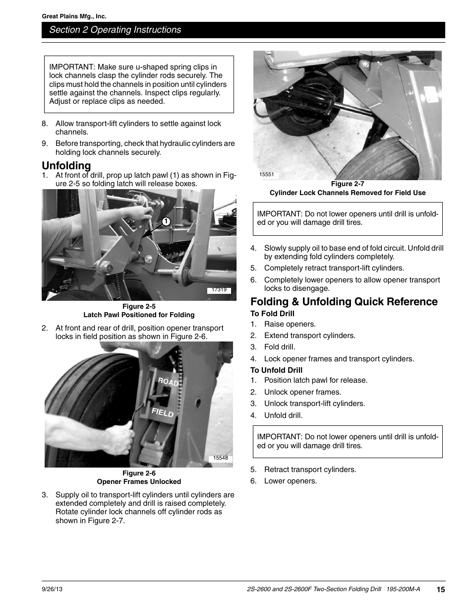 Unfolding, Folding & unfolding quick reference, To fold drill | To unfold drill | Great Plains 2S-2600F Operator Manual v2 User Manual | Page 17 / 68