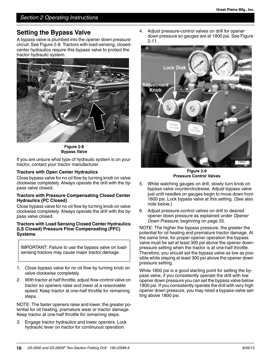Setting the bypass valve, Tractors with open center hydraulics | Great Plains 2S-2600F Operator Manual v2 User Manual | Page 18 / 68
