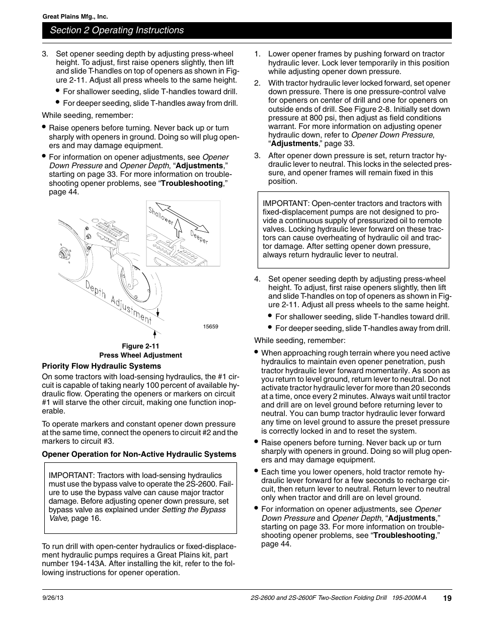Priority flow hydraulic systems, Opener operation for non-active hydraulic systems | Great Plains 2S-2600F Operator Manual v2 User Manual | Page 21 / 68