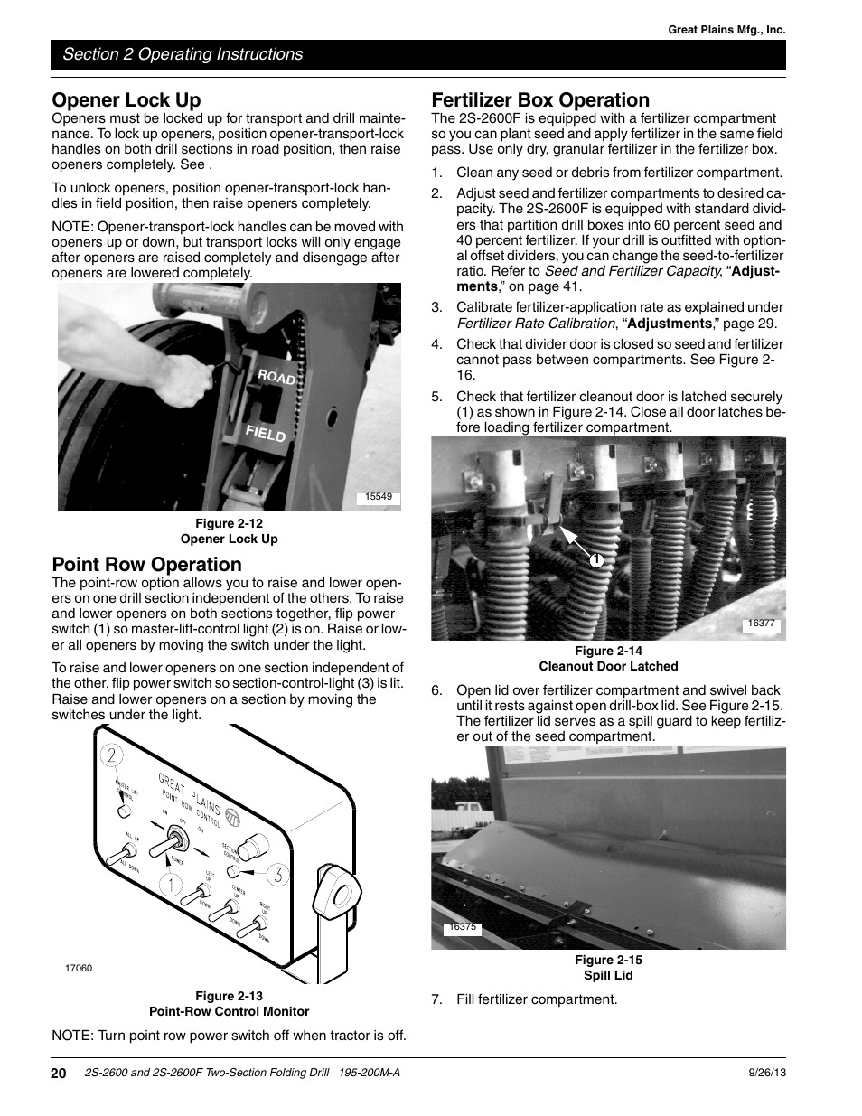 Opener lock up, Point row operation, Fertilizer box operation | Great Plains 2S-2600F Operator Manual v2 User Manual | Page 22 / 68