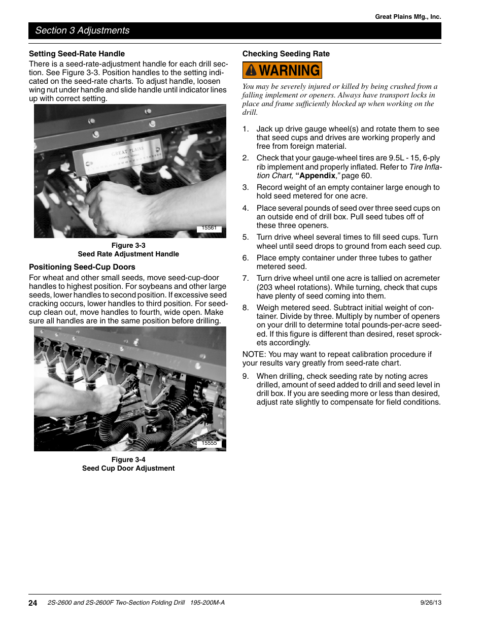Setting seed-rate handle, Positioning seed-cup doors, Checking seeding rate | Great Plains 2S-2600F Operator Manual v2 User Manual | Page 26 / 68