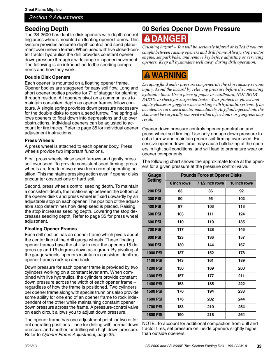 Seeding depth, Double disk openers, Press wheels | Floating opener frames, 00 series opener down pressure | Great Plains 2S-2600F Operator Manual v2 User Manual | Page 35 / 68