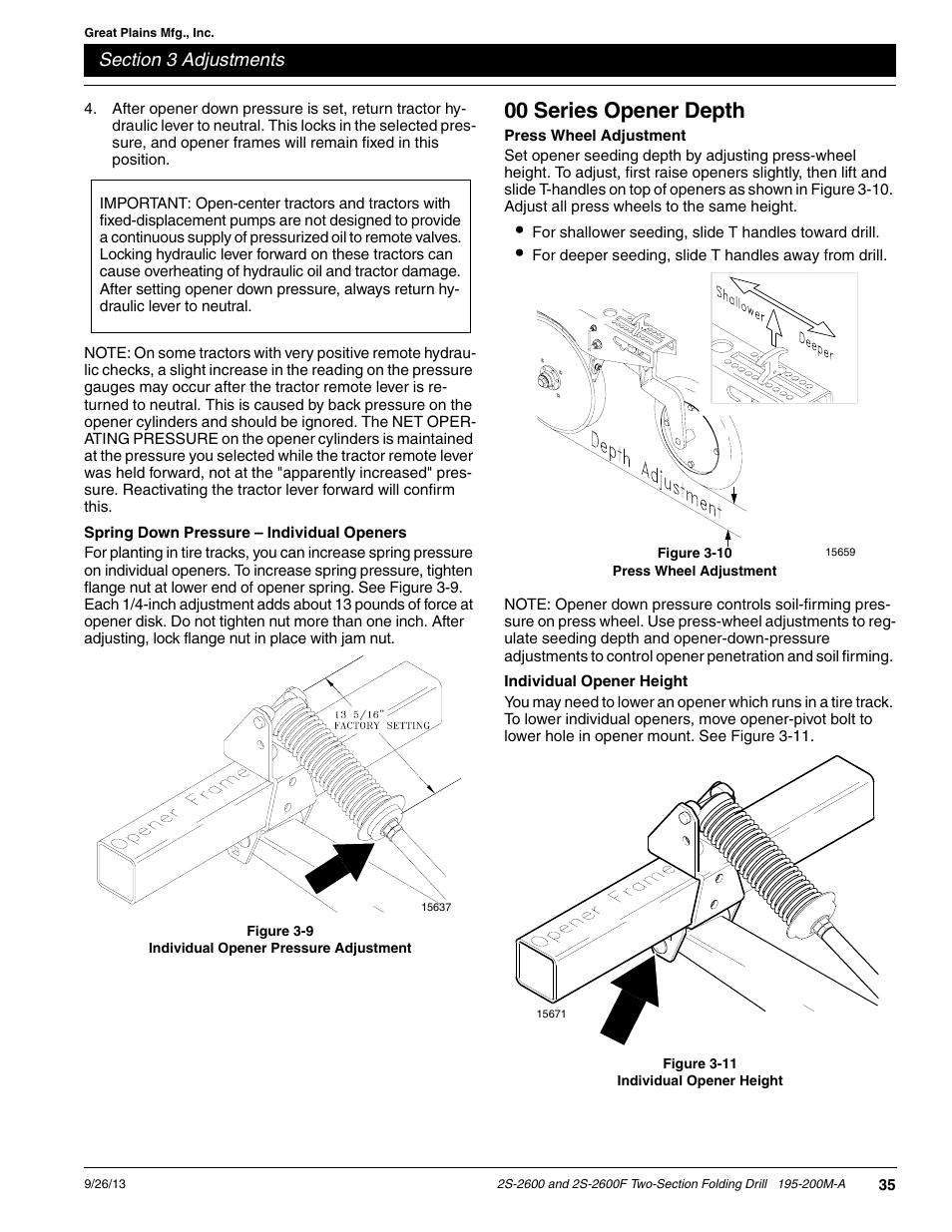 Spring down pressure - individual openers, 00 series opener depth, Press wheel adjustment | Individual opener height | Great Plains 2S-2600F Operator Manual v2 User Manual | Page 37 / 68
