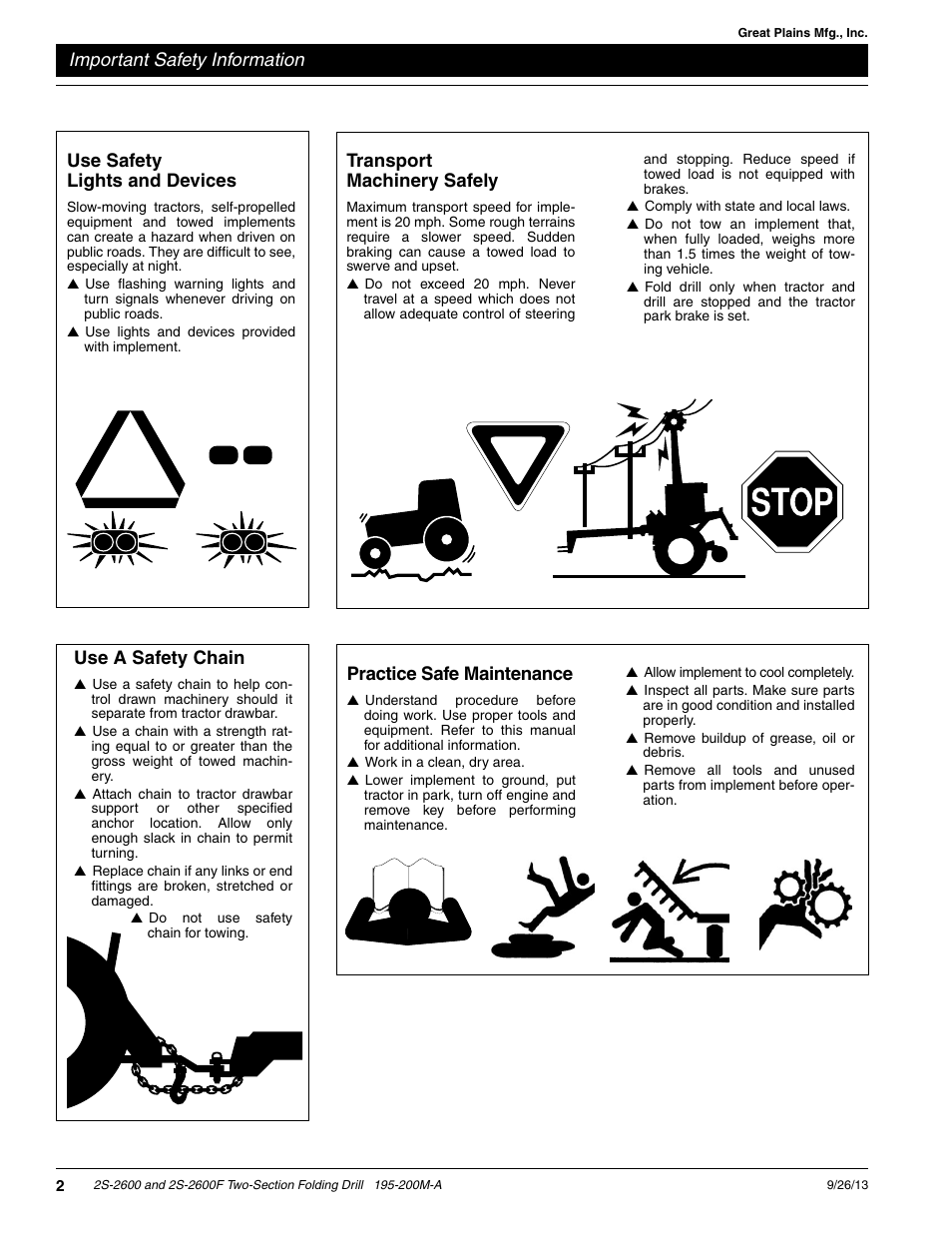 Important safety information, Transport machinery safely, Use safety lights and devices | Practice safe maintenance, Use a safety chain | Great Plains 2S-2600F Operator Manual v2 User Manual | Page 4 / 68
