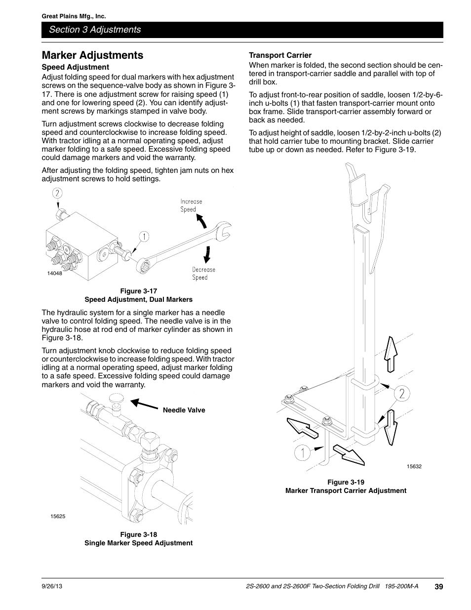 Marker adjustments, Speed adjustment, Transport carrier | Great Plains 2S-2600F Operator Manual v2 User Manual | Page 41 / 68