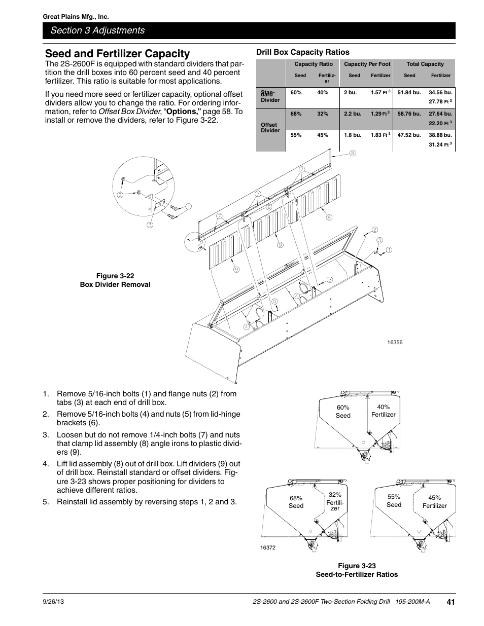 Seed and fertilizer capacity, Drill box capacity ratios | Great Plains 2S-2600F Operator Manual v2 User Manual | Page 43 / 68
