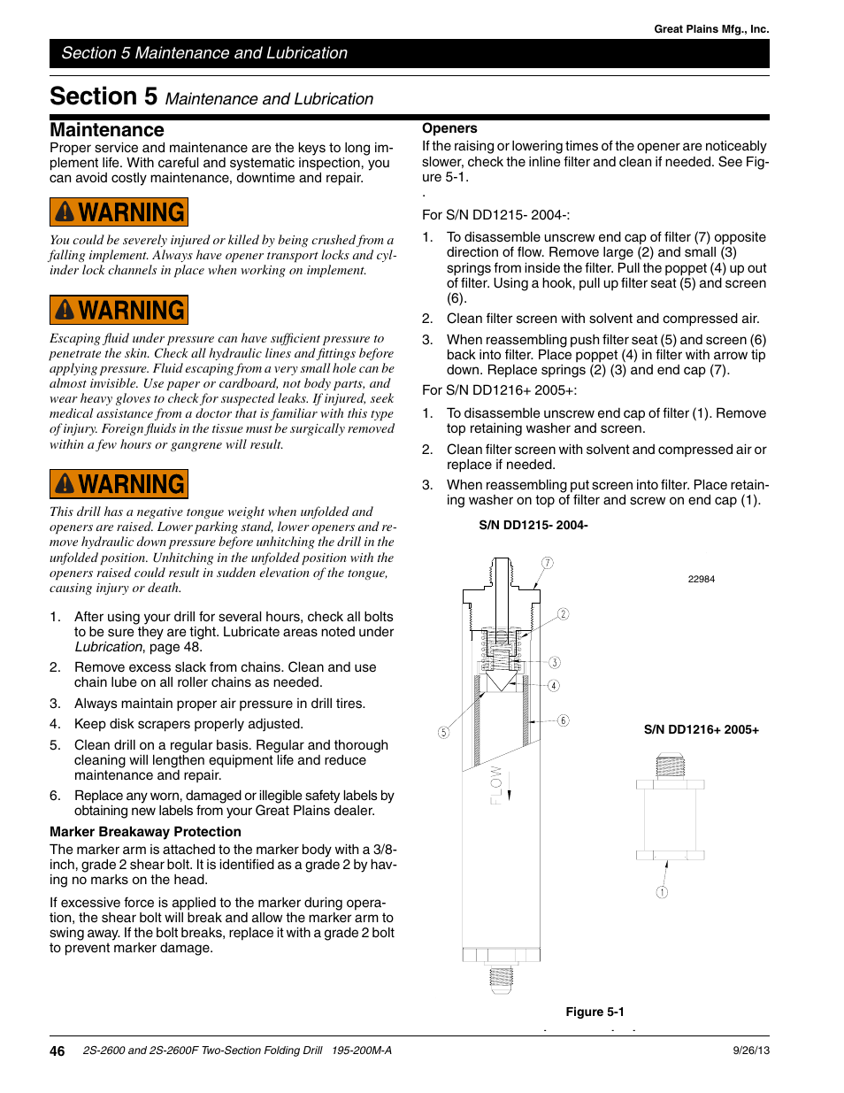 Section 5 maintenance and lubrication, Maintenance, Marker breakaway protection | Openers | Great Plains 2S-2600F Operator Manual v2 User Manual | Page 48 / 68