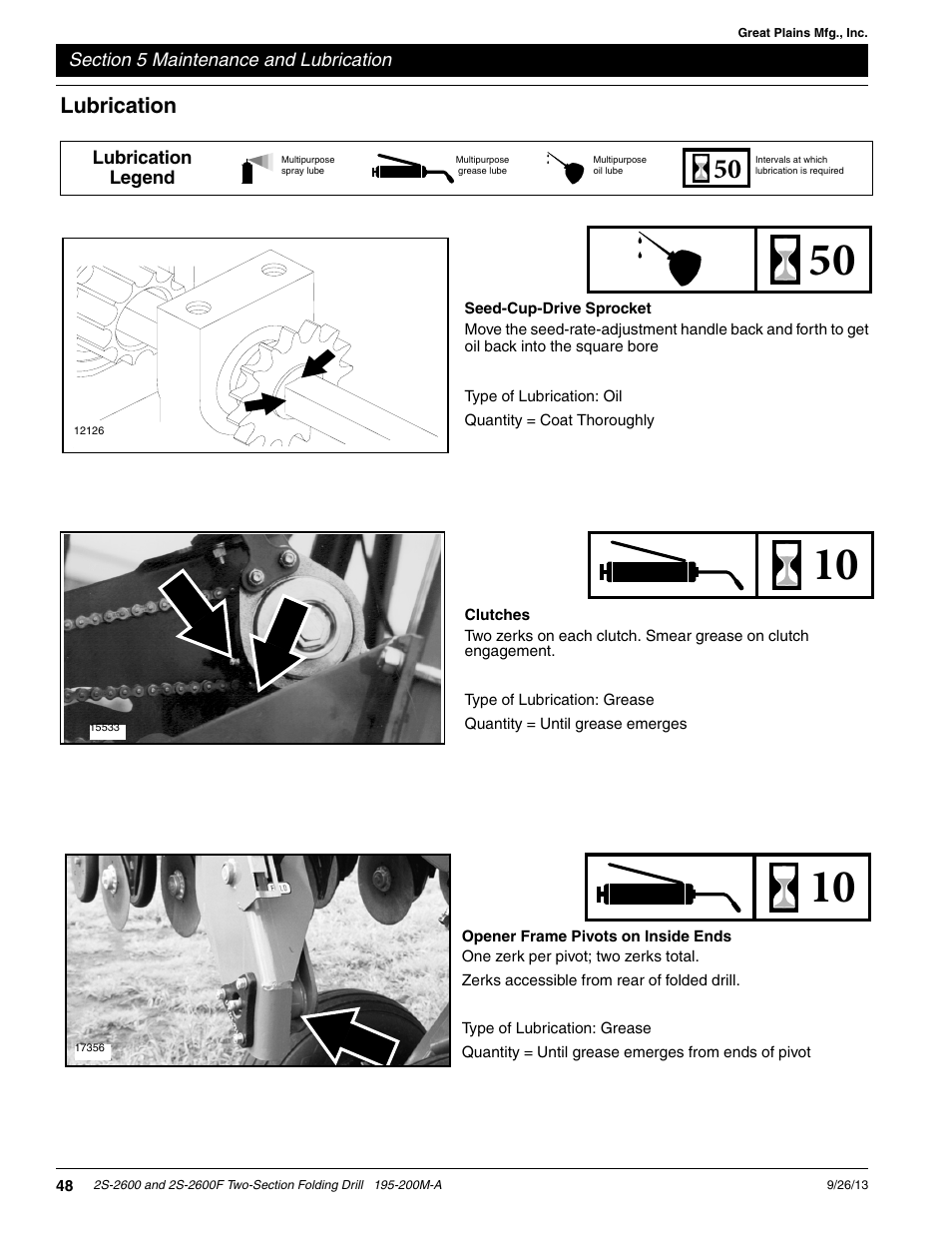 Clutches, Opener frame pivots on inside ends, Lubrication | Seed-cup-drive sprocket | Great Plains 2S-2600F Operator Manual v2 User Manual | Page 50 / 68