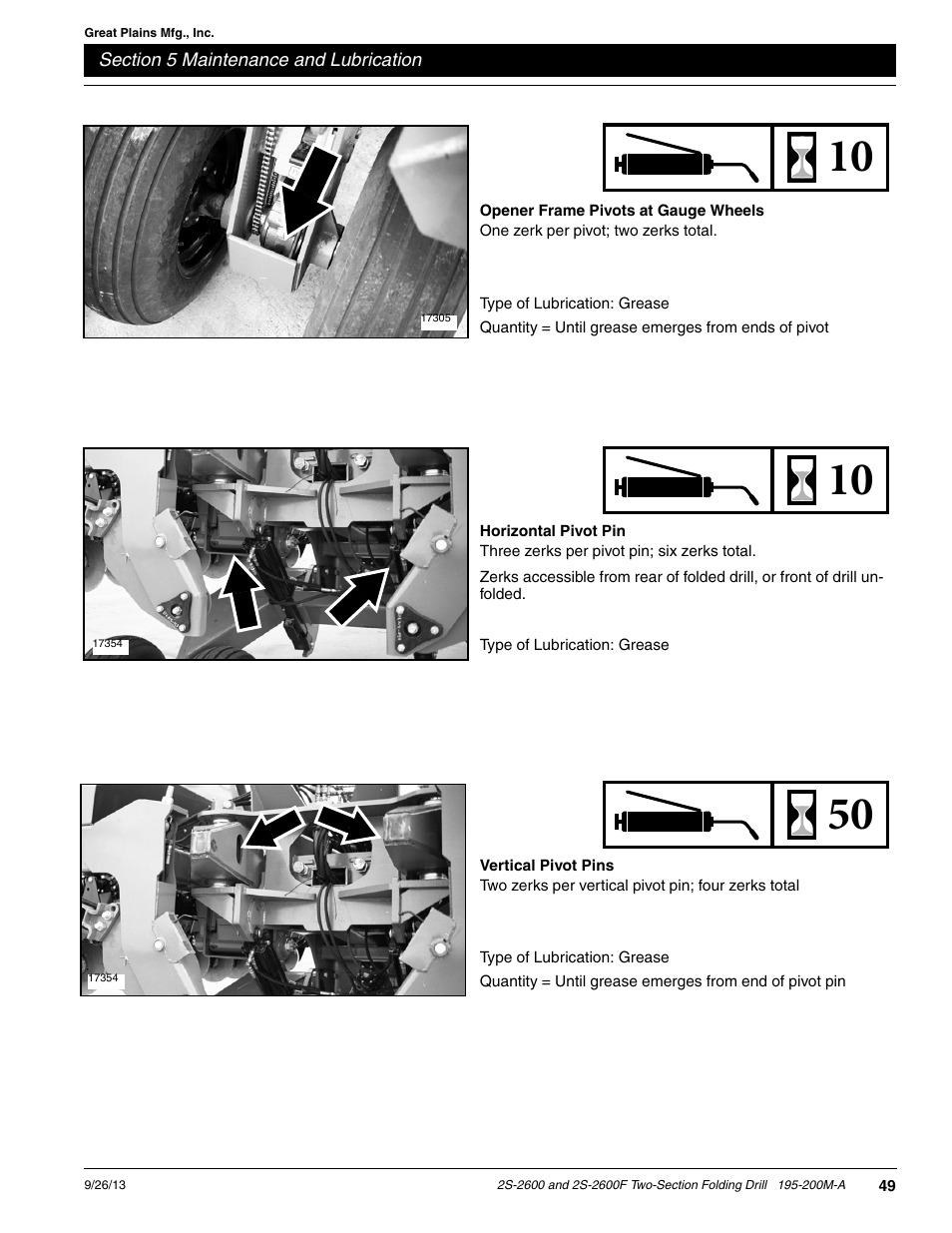 Opener frame pivots at gauge wheels, Horizontal pivot pin, Vertical pivot pins | Great Plains 2S-2600F Operator Manual v2 User Manual | Page 51 / 68
