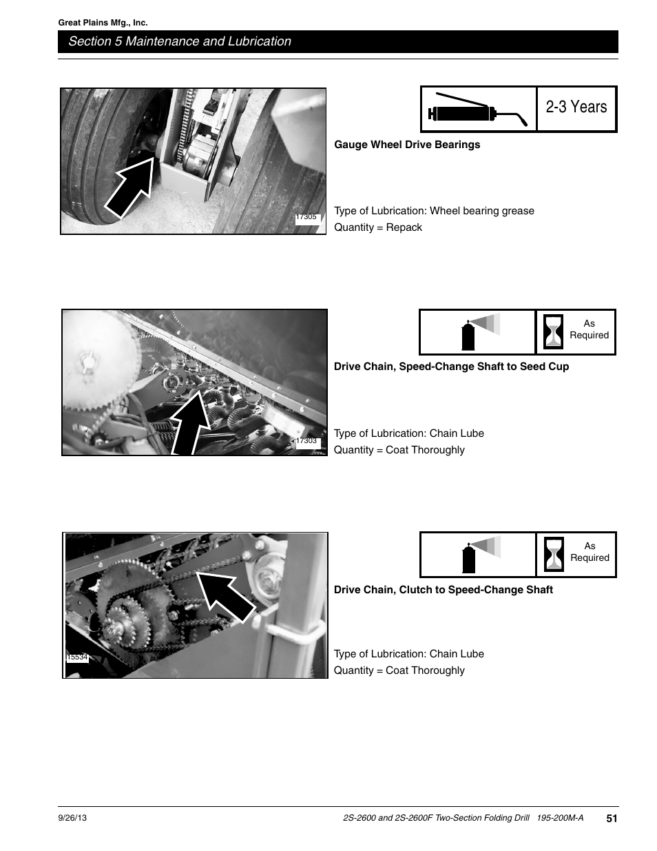 Drive chain, clutch to speed-change shaft, 3 years | Great Plains 2S-2600F Operator Manual v2 User Manual | Page 53 / 68