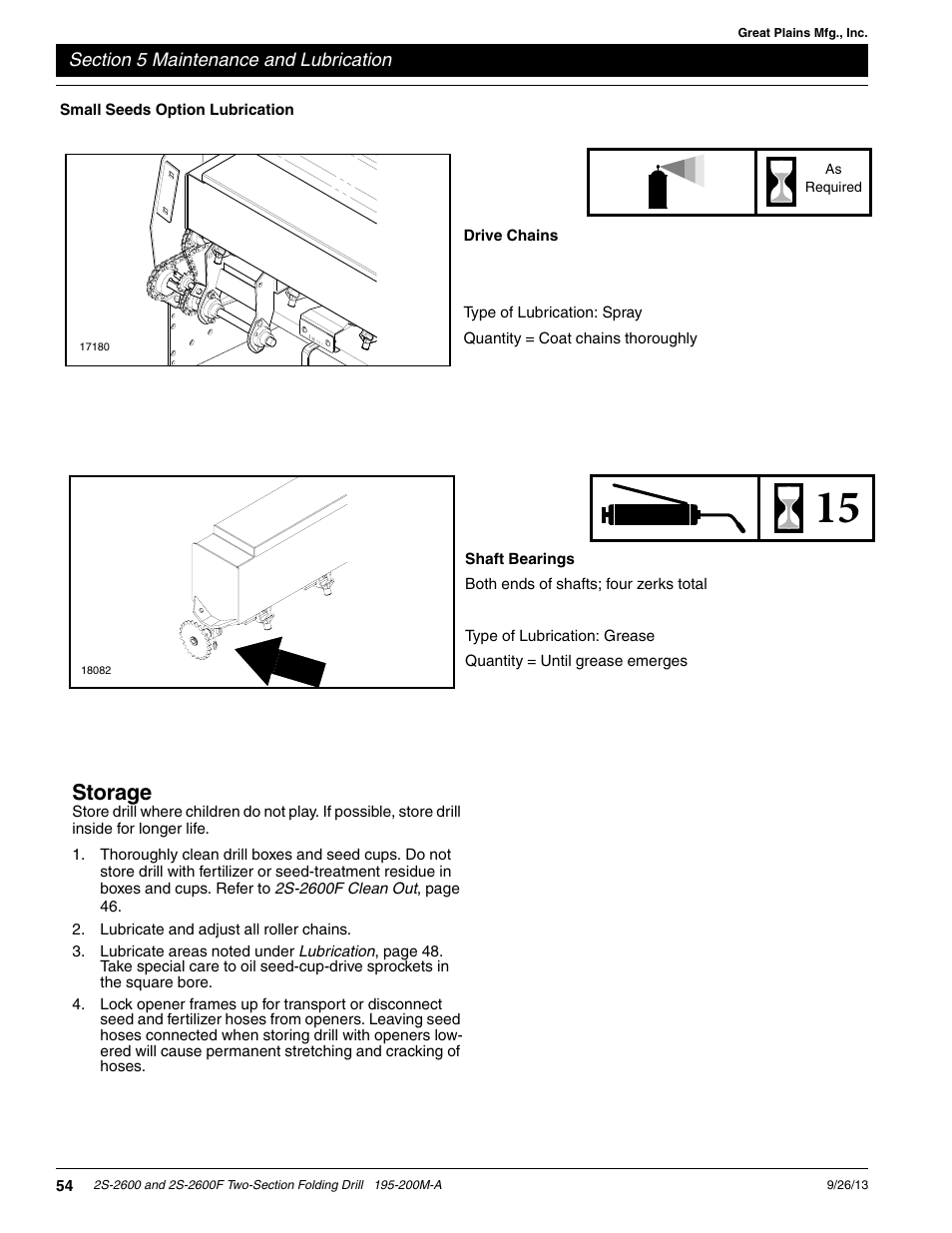 Storage, Small seeds option lubrication | Great Plains 2S-2600F Operator Manual v2 User Manual | Page 56 / 68
