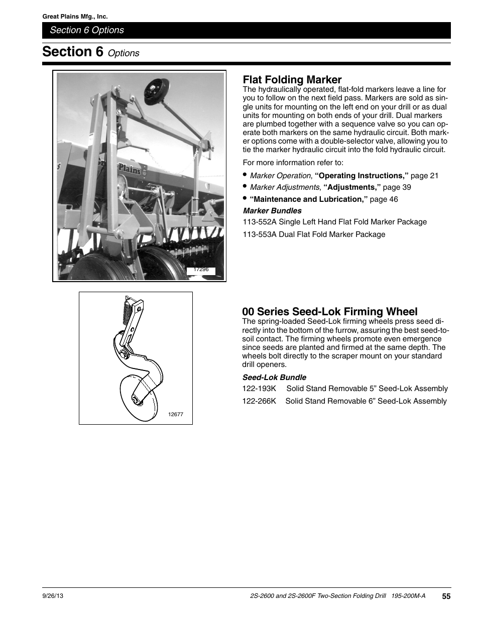 Section 6 options, Flat folding marker, 00 series seed-lok firming wheel | Great Plains 2S-2600F Operator Manual v2 User Manual | Page 57 / 68