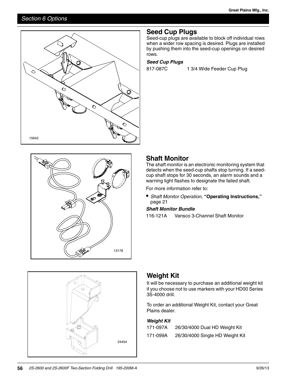 Weight kit, Seed cup plugs, Shaft monitor | Great Plains 2S-2600F Operator Manual v2 User Manual | Page 58 / 68