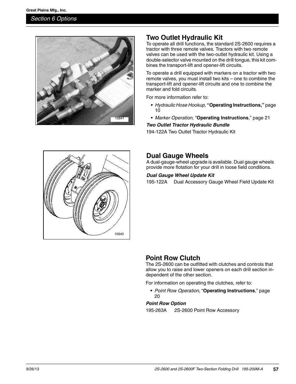 Two outlet hydraulic kit, Dual gauge wheels, Point row clutch | Great Plains 2S-2600F Operator Manual v2 User Manual | Page 59 / 68
