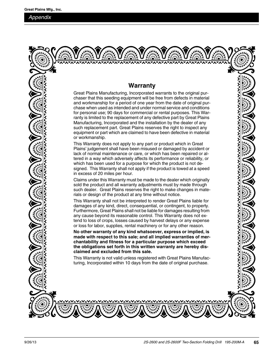 Warranty | Great Plains 2S-2600F Operator Manual v2 User Manual | Page 67 / 68