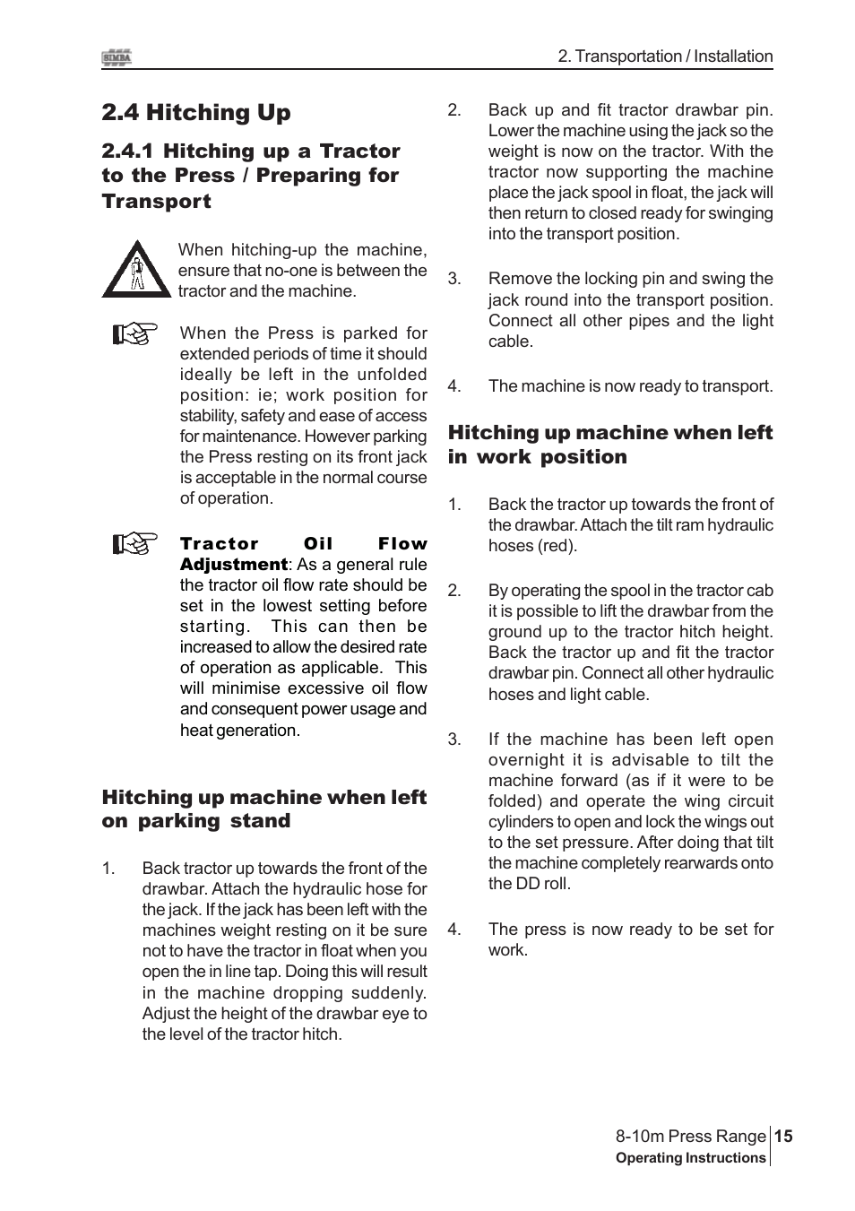 4 hitching up | Great Plains 8-10m Press Range SN 12672+ Operator Manual User Manual | Page 15 / 44