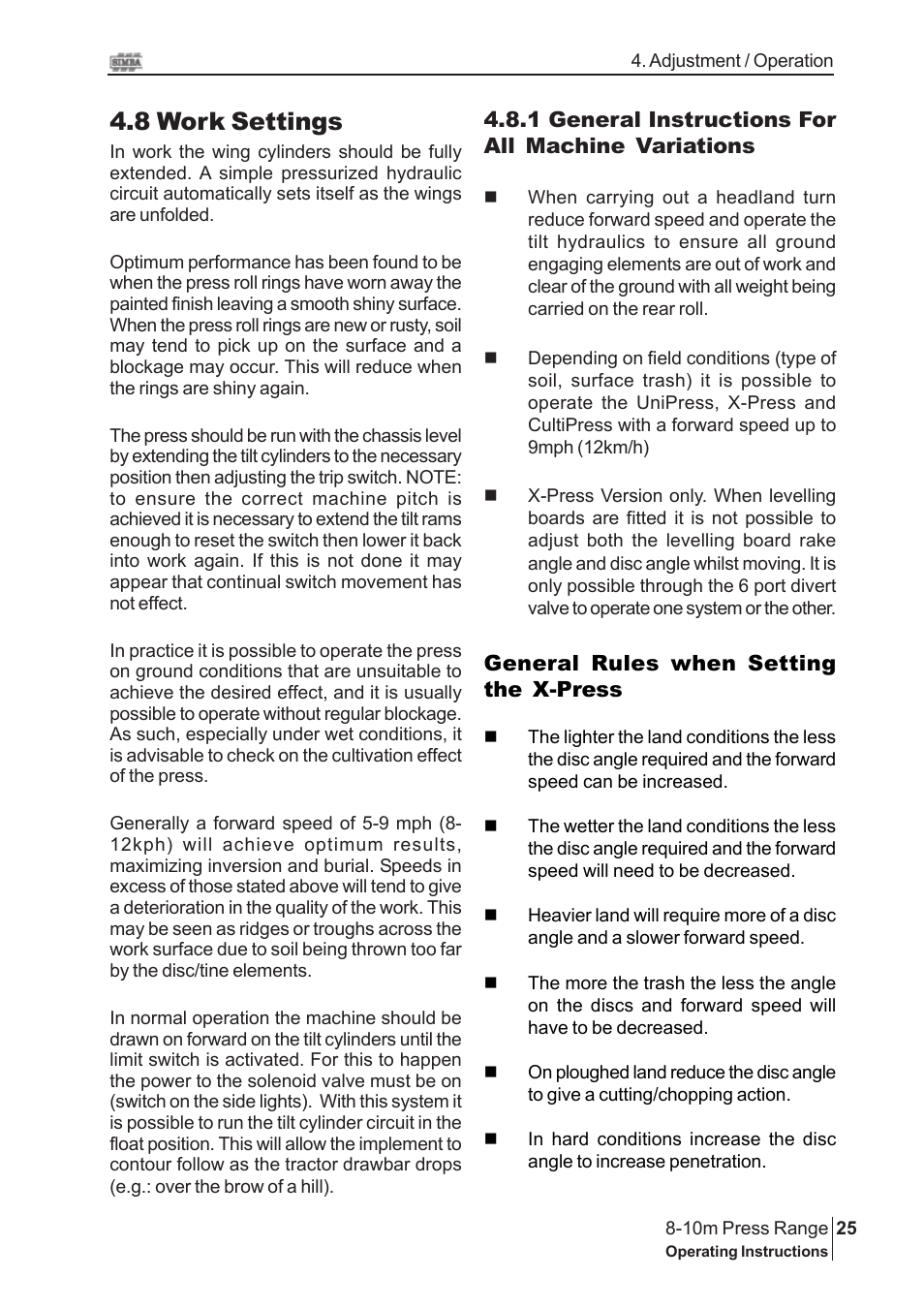 8 work settings | Great Plains 8-10m Press Range SN 12672+ Operator Manual User Manual | Page 25 / 44