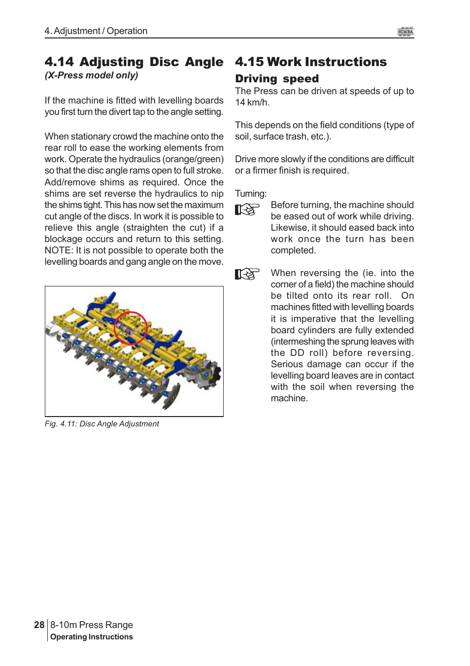 15 work instructions, 14 adjusting disc angle | Great Plains 8-10m Press Range SN 12672+ Operator Manual User Manual | Page 28 / 44