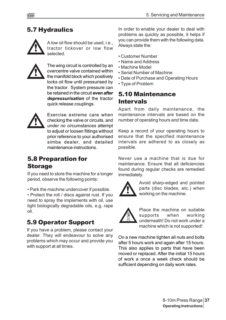 7 hydraulics, 9 operator support, 8 preparation for storage | 10 maintenance intervals | Great Plains 8-10m Press Range SN 12672+ Operator Manual User Manual | Page 37 / 44