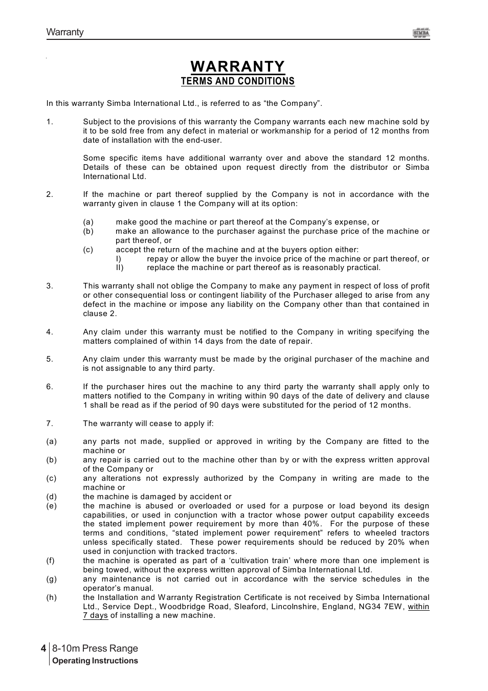 Warranty | Great Plains 8-10m Press Range SN 12672+ Operator Manual User Manual | Page 4 / 44