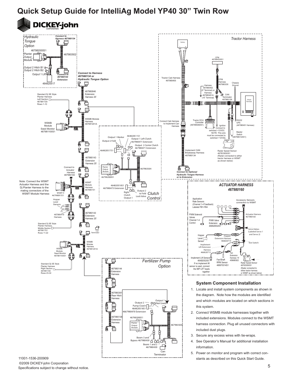 System component installation, Fertilizer pump option, Clutch control | Tractor harness, Hydraulic tongue option | Great Plains YP40 TR70 Quick Start User Manual | Page 5 / 5